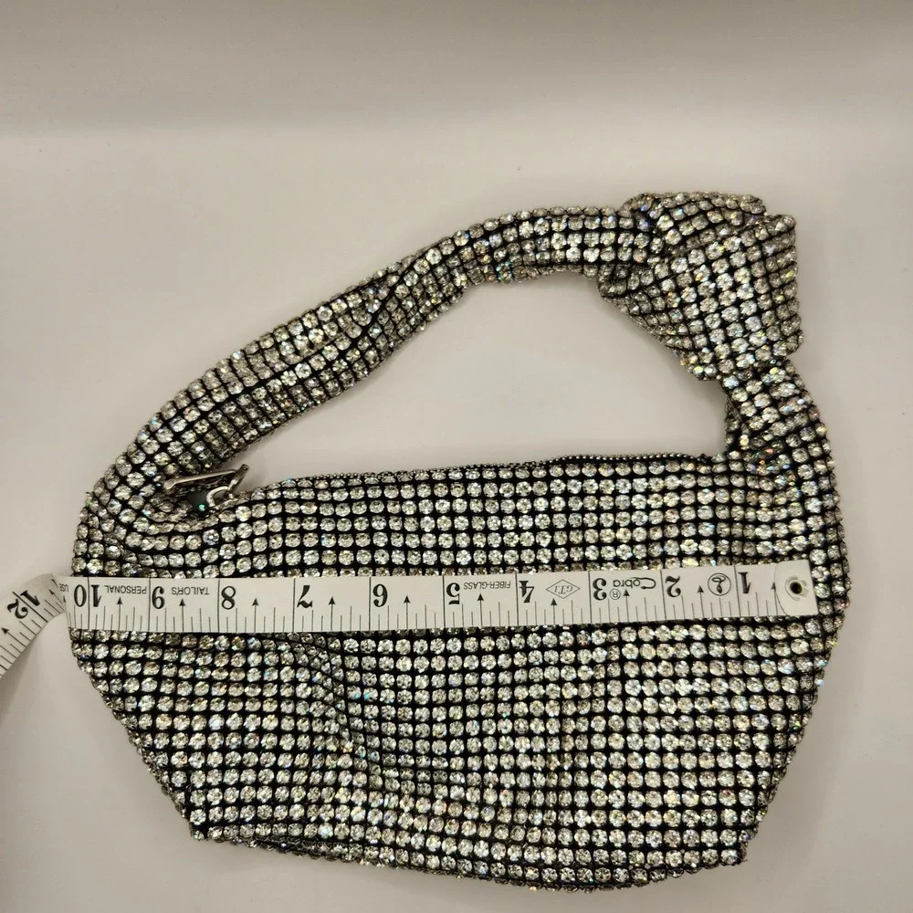 Olga Berg Crystal Mesh Knot Handle Evening Bag Silver Slouchy Clutch Purse Polly